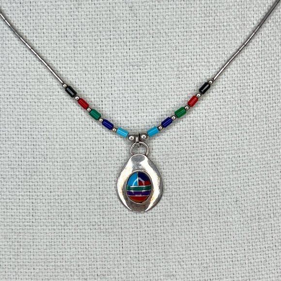 Ella Peter Navajo Genuine Stone Inlay Liquid Silver Necklace - Picture 1 of 4
